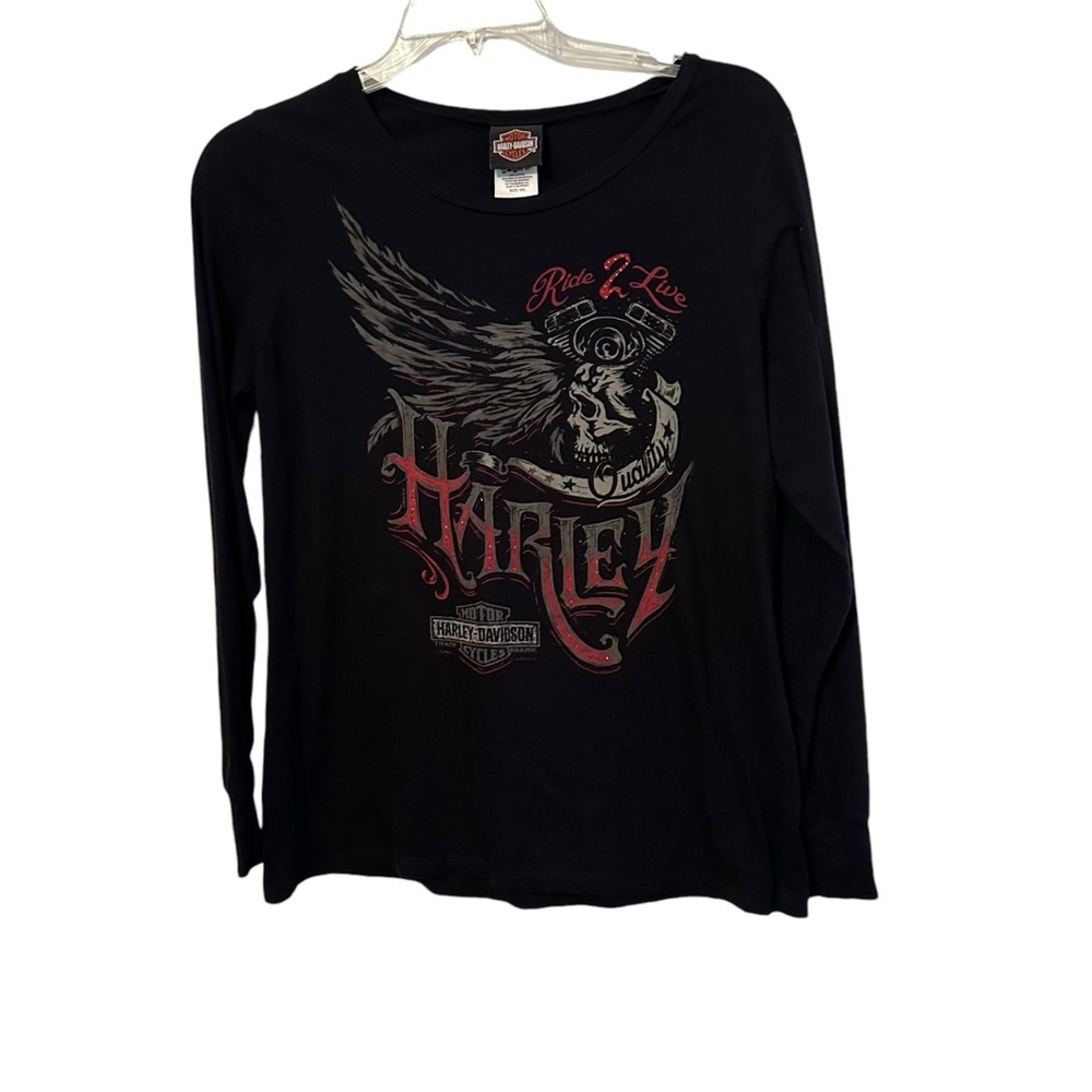 Harley Davidson Sherman Texas Black Red Graphic Scoop Neck Long Sleeve XXL